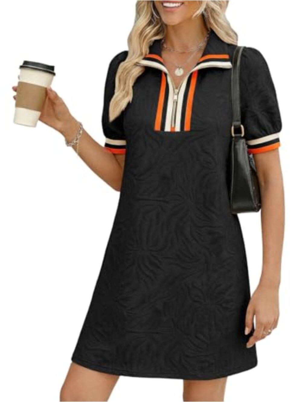 Women's Short Sleeve Sweatshirt Dress with Floral Jacquard & Polo Collar